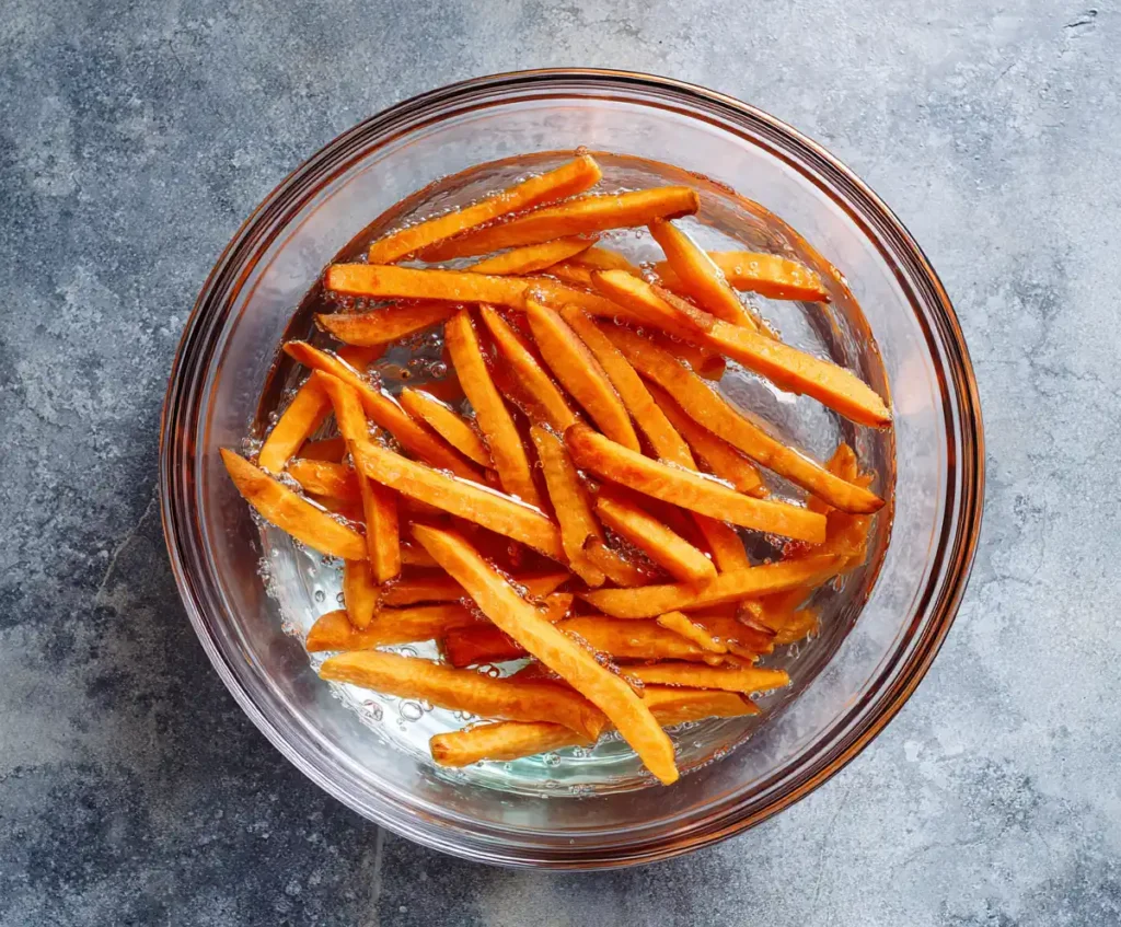 Sweet potato fries soaking in water before air frying