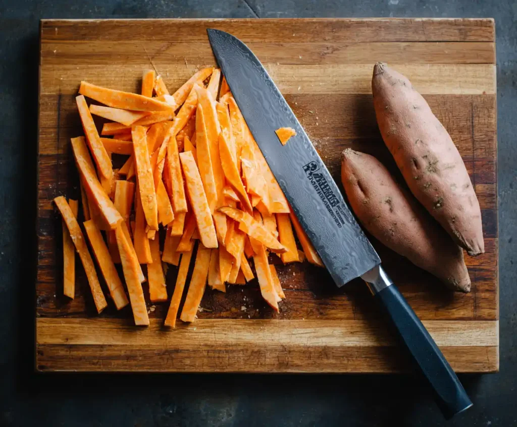 Sweet potatoes cut into thin fries on cutting board for air fryer recipe