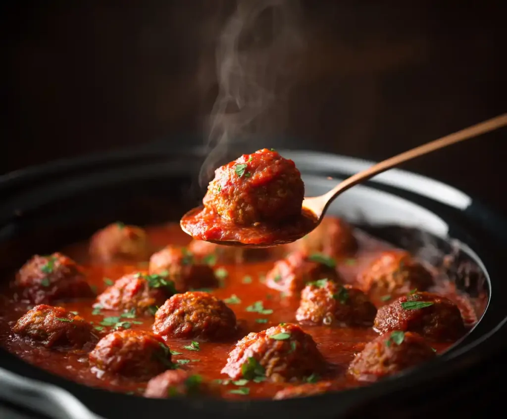 Tender meatballs in tomato sauce ready to serve from slow cooker
