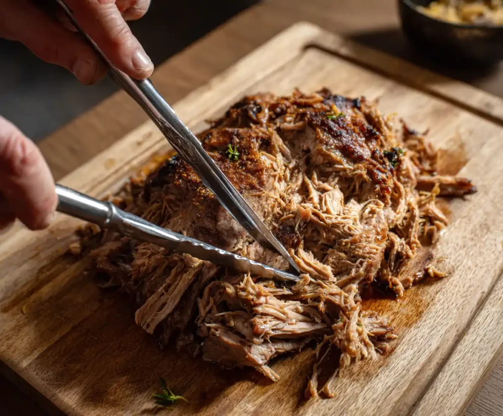 Tender pork shoulder shredded with forks for carnitas