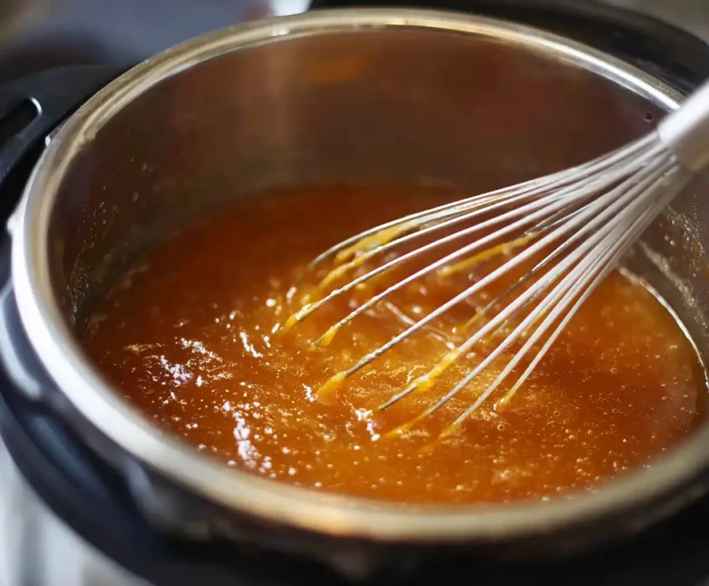 Thickened gravy whisked in pressure cooker after pot roast