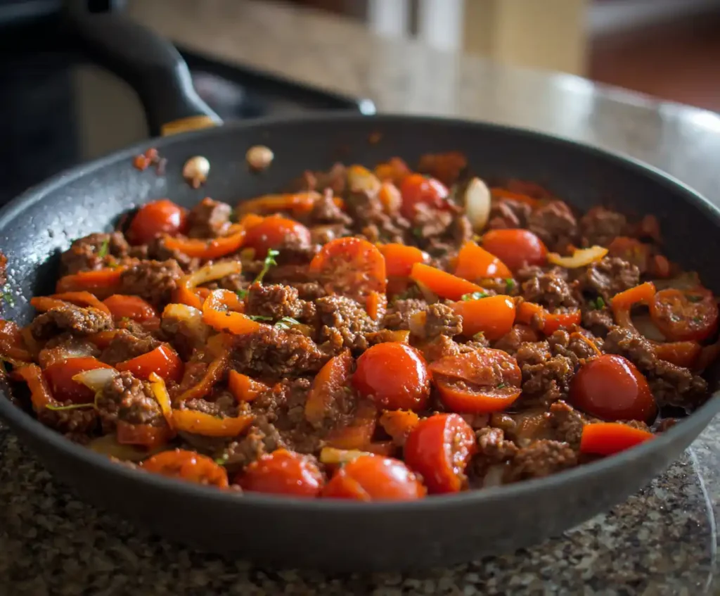 Tomato paste and garlic mixed into meat for spaghetti Bolognese sauce