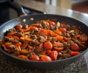 Tomato paste and garlic mixed into meat for spaghetti Bolognese sauce