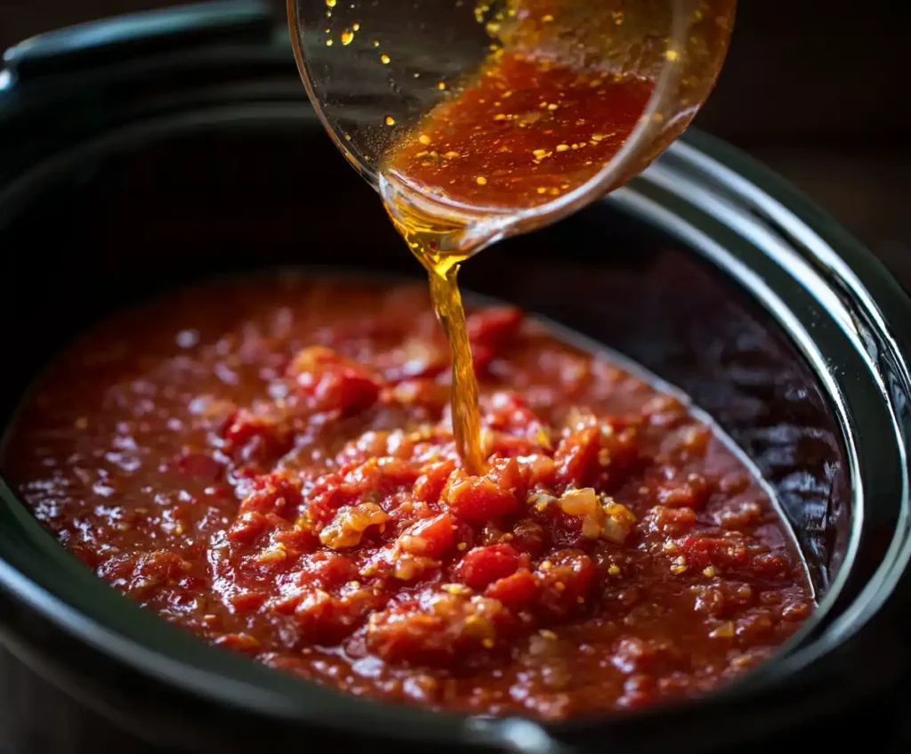 Tomato sauce base poured into slow cooker for meatballs