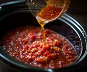 Tomato sauce base poured into slow cooker for meatballs