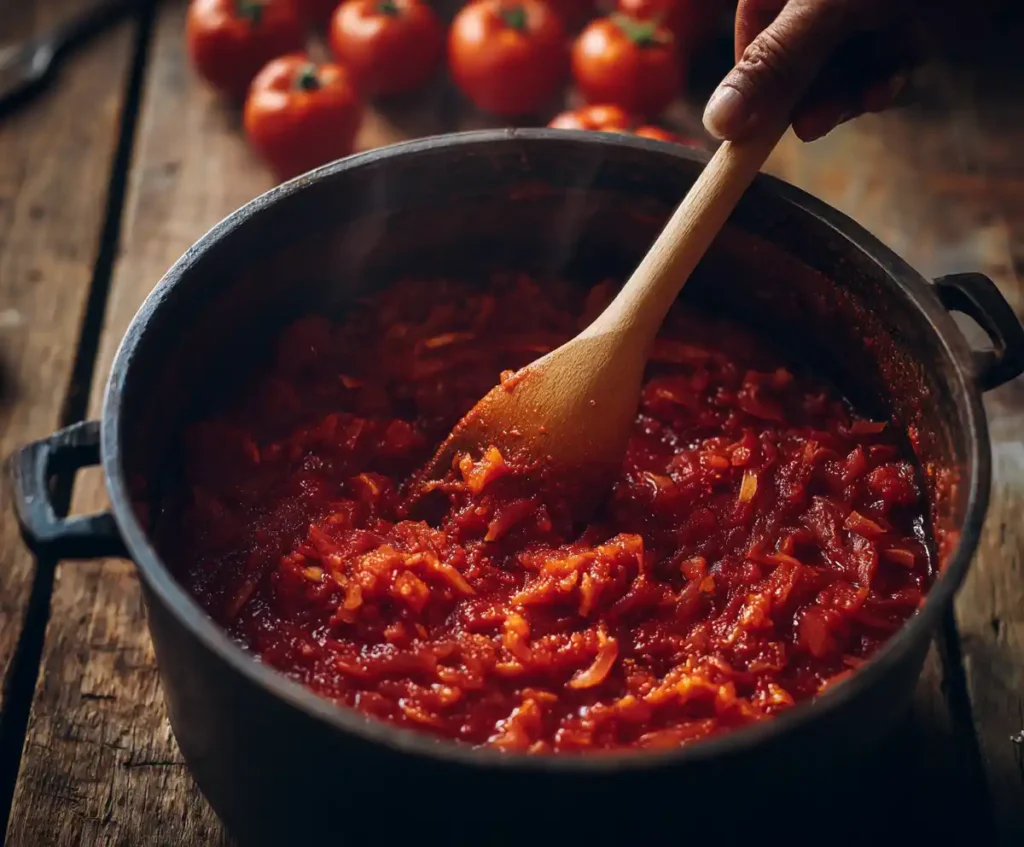 Tomato sauce mixture stirred in pressure cooker for pork chops