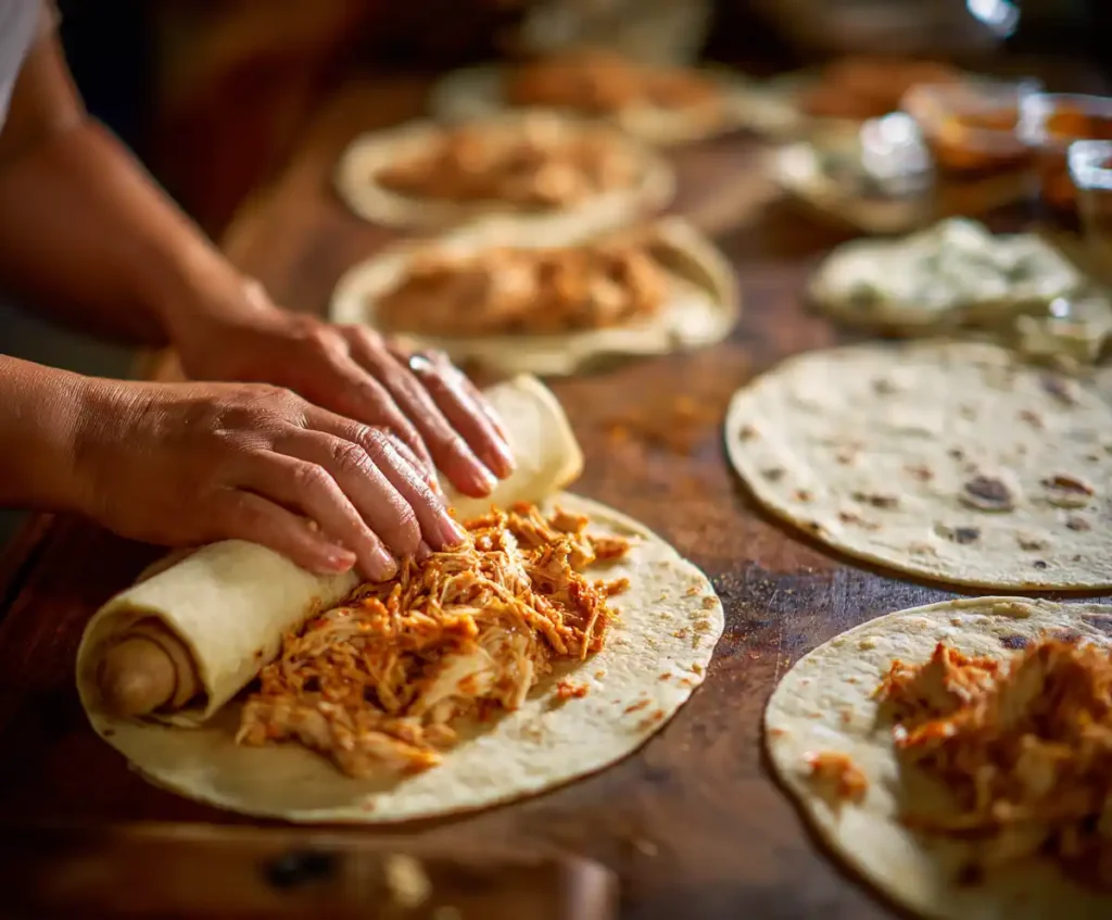 Tortilla being rolled with chicken enchilada filling