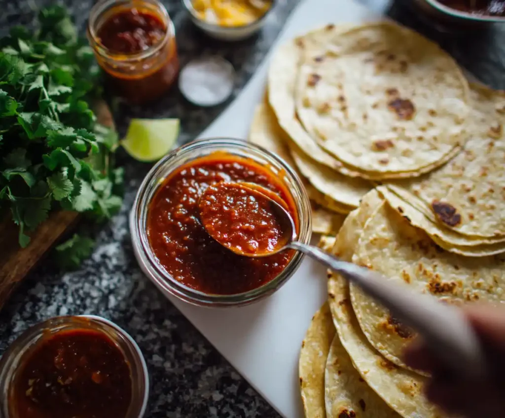 Tortillas with pizza sauce spread for making air fryer pizza rolls