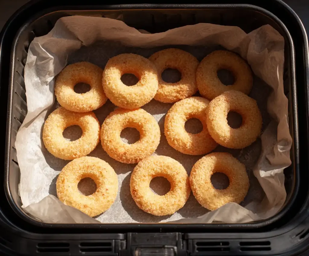Uncooked donut rings placed in air fryer basket before cooking