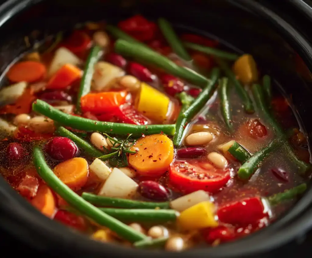 Uncooked vegetables, beans, and broth in slow cooker for minestrone soup