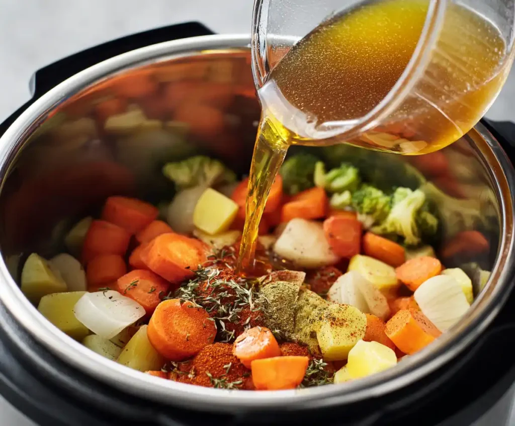 Vegetable broth and spices poured into pot for vegetable soup