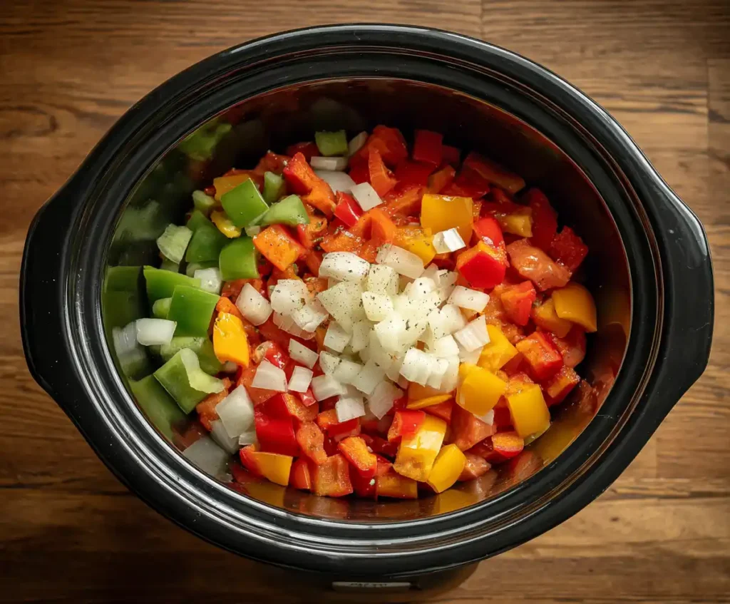 Vegetables and rice layered in slow cooker for chicken and rice recipe
