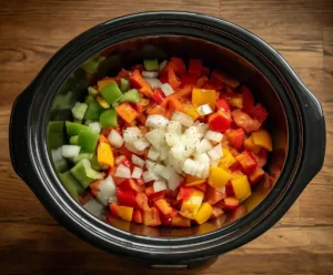 Vegetables and rice layered in slow cooker for chicken and rice recipe