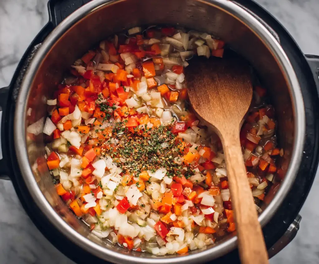 Veggies sautéing in pressure cooker for pasta base