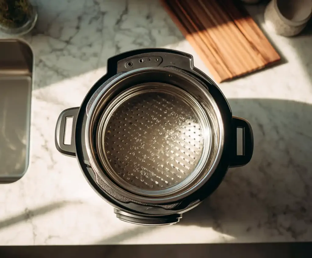 Water and trivet inside Instant Pot for cooking hard-boiled eggs