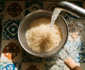 White rice being rinsed in strainer under running water for Instant Pot rice