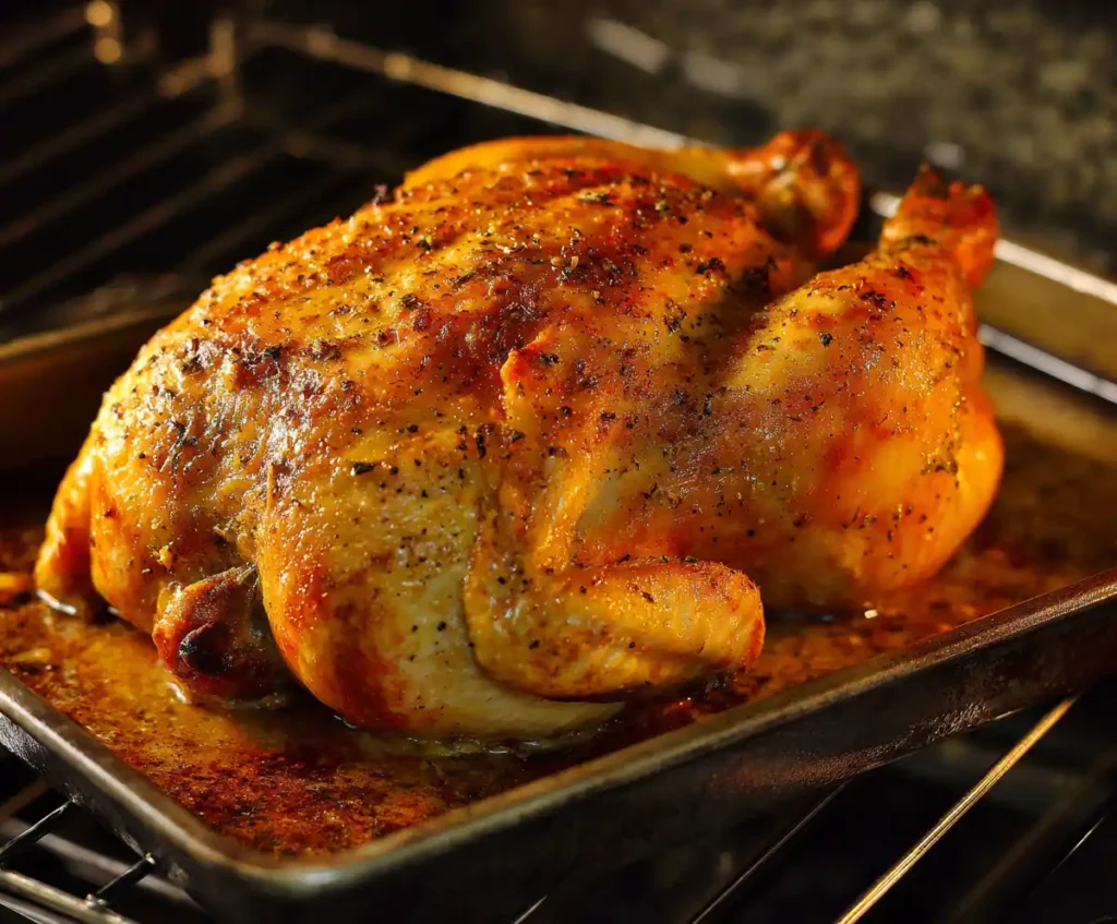 Whole chicken broiling for crispy golden skin after pressure cooking