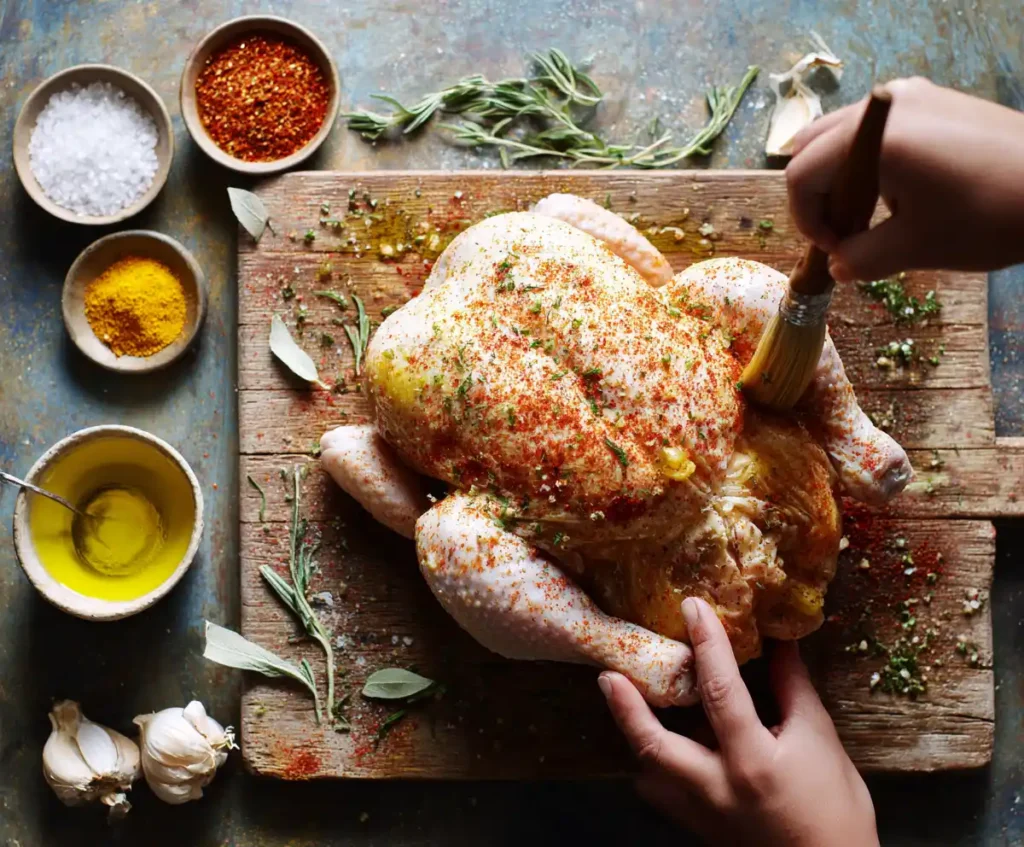 Whole raw chicken seasoned with garlic, paprika, and herbs before pressure cooking