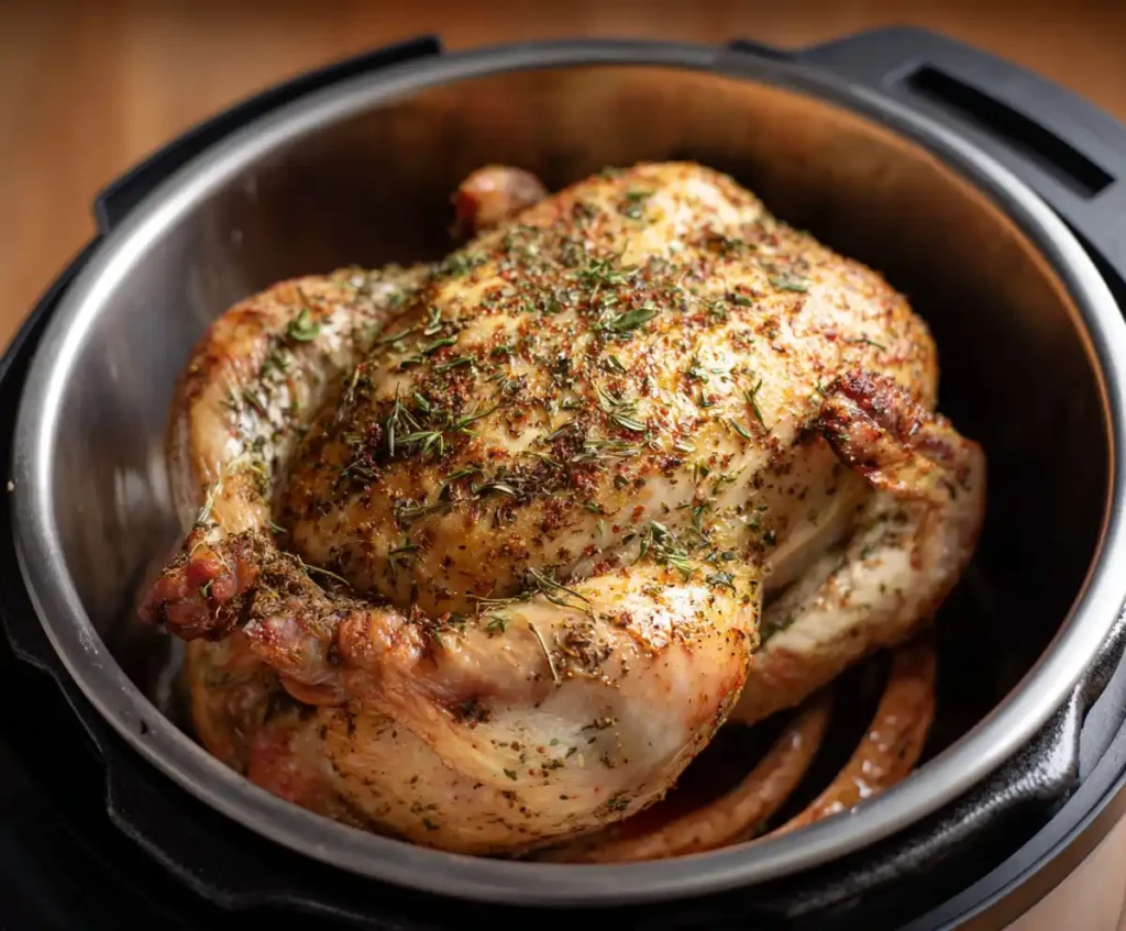 Whole seasoned chicken placed on trivet in pressure cooke
