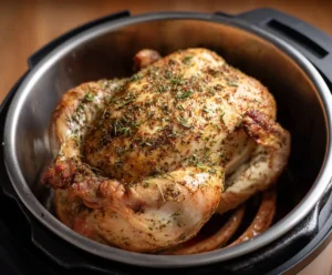 Whole seasoned chicken placed on trivet in pressure cooke