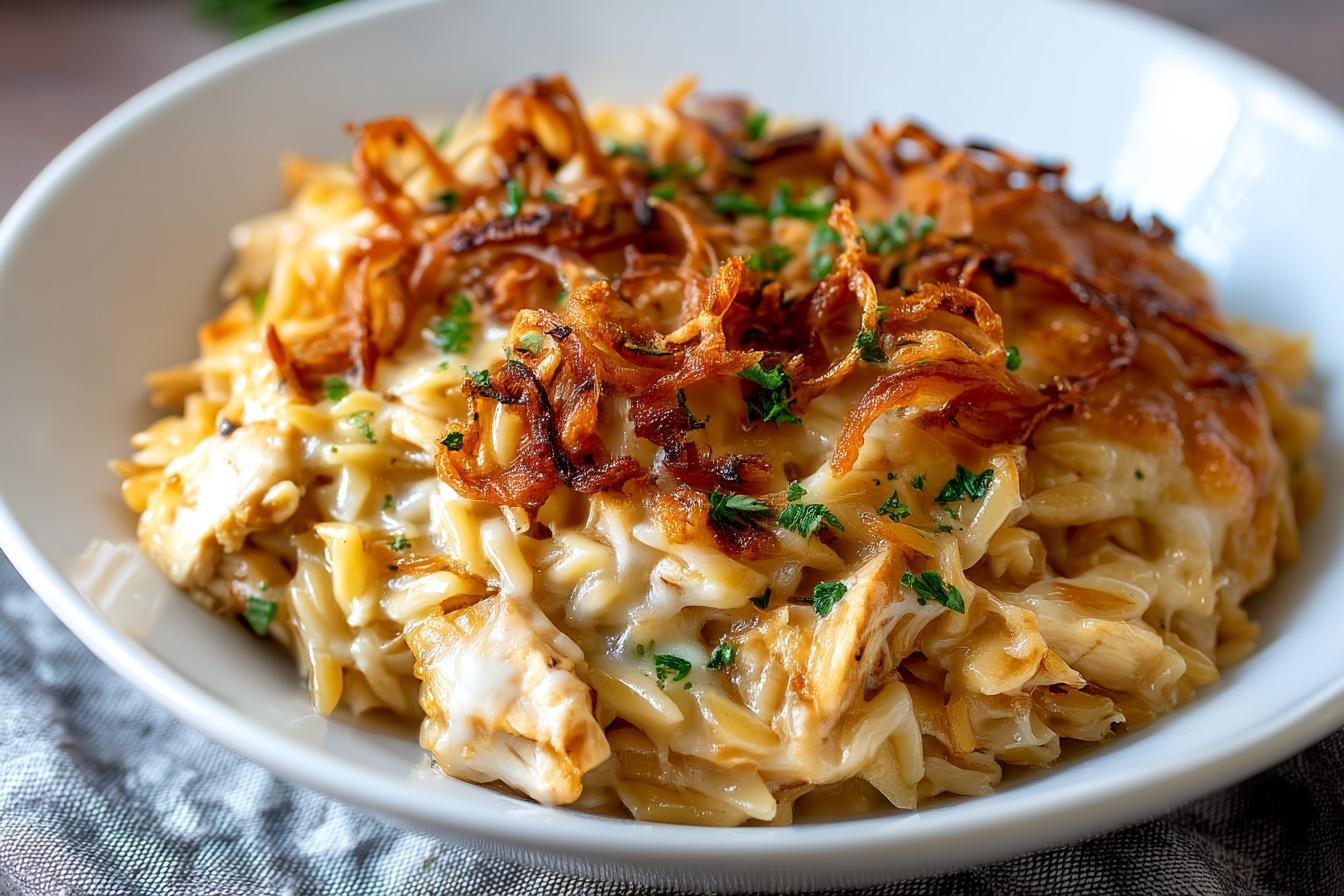 French Onion Chicken Orzo Casserole
