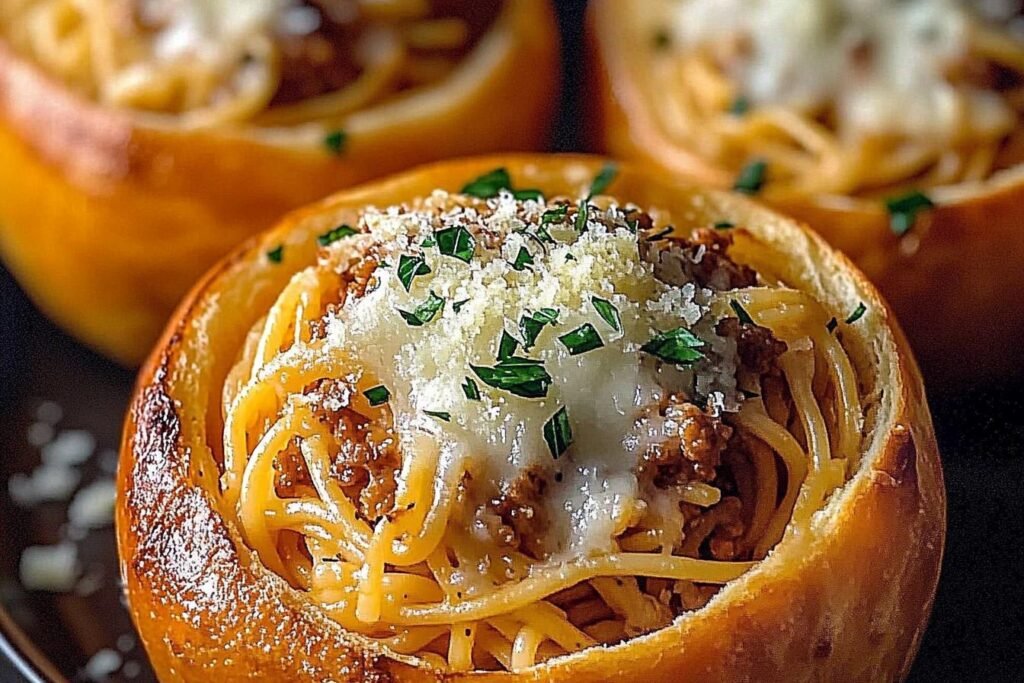 Spaghetti Garlic Bread Bowls