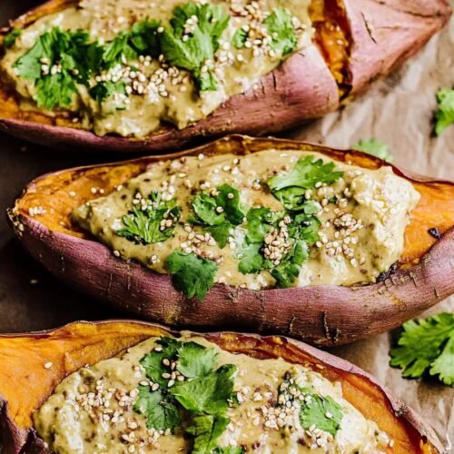 Baked Japanese Sweet Potatoes with Miso Tahini Butter