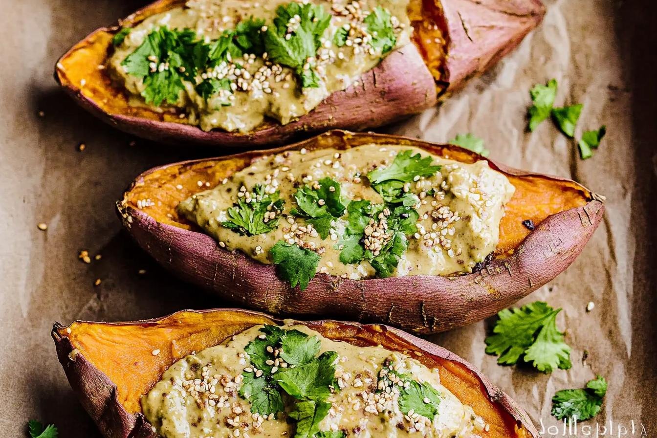 Baked Japanese Sweet Potatoes with Miso Tahini Butter