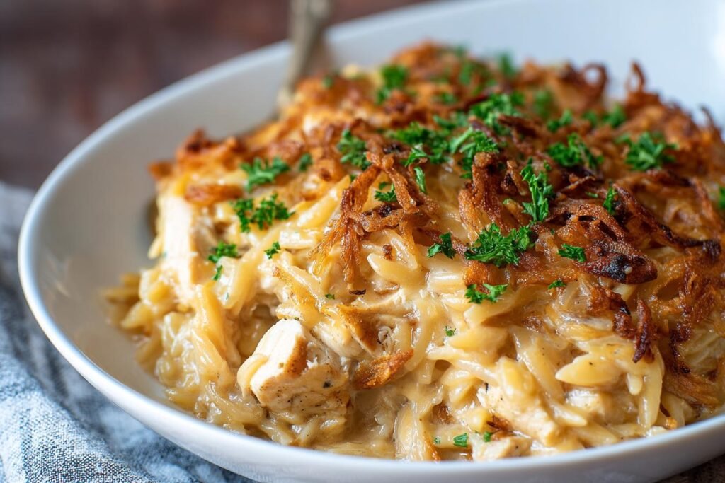 French Onion Chicken Orzo Casserole
