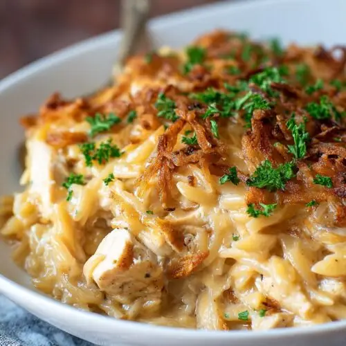 French Onion Chicken Orzo Casserole