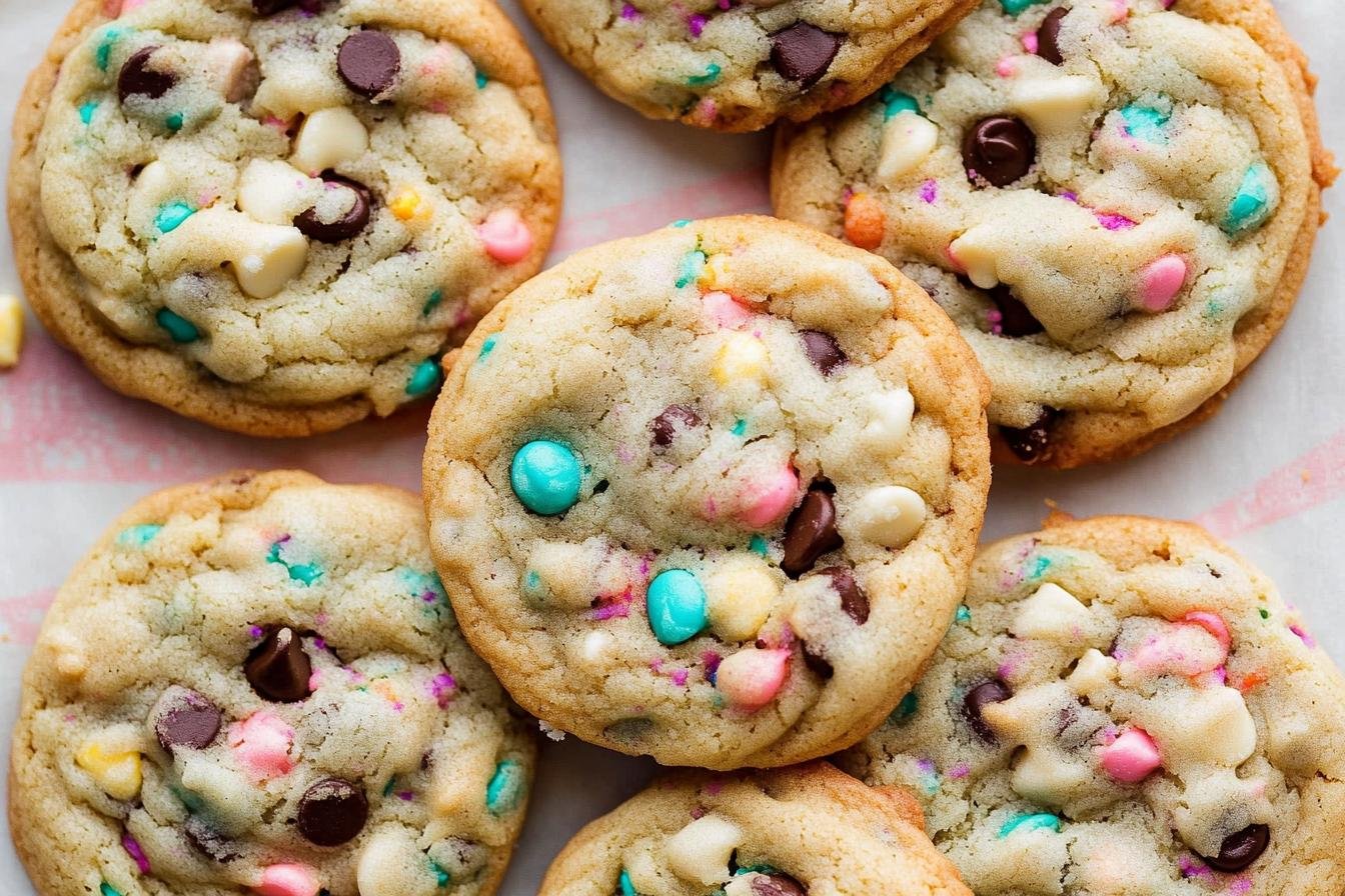 Cake Batter Chocolate Chip Cookies with Rainbow Sprinkles