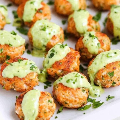 Baked Salmon Meatballs with Avocado Sauce