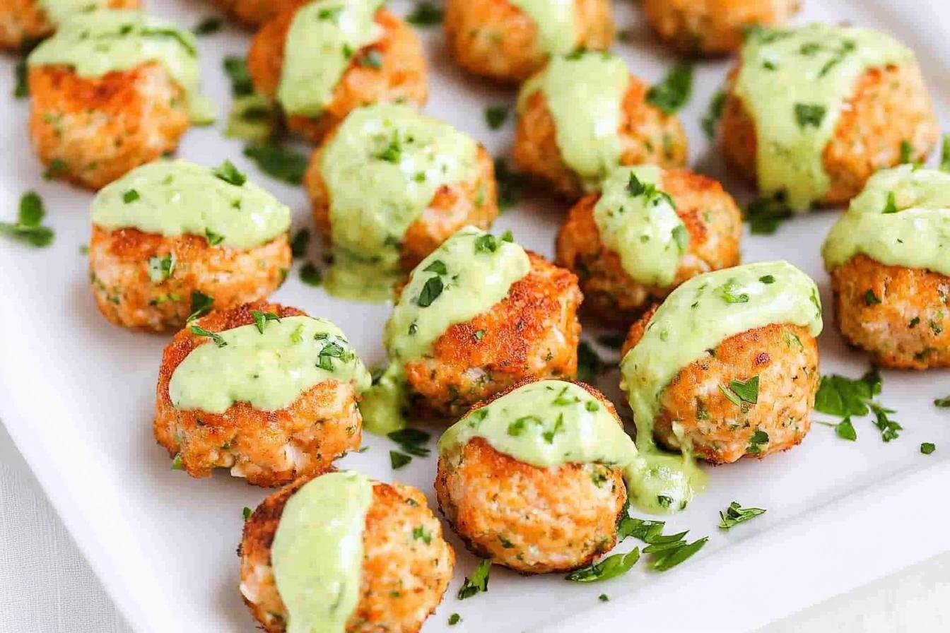 Baked Salmon Meatballs with Avocado Sauce