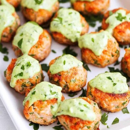 Baked Salmon Meatballs with Avocado Sauce