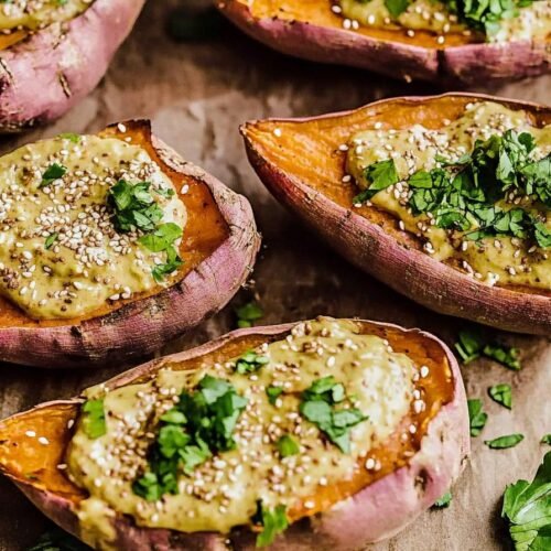 Baked Japanese Sweet Potatoes with Miso Tahini Butter