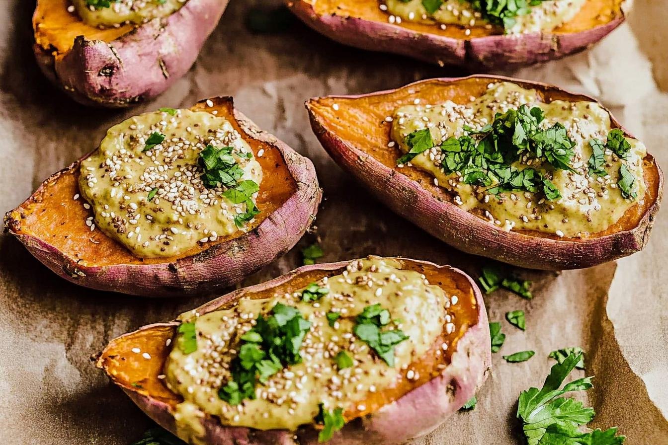 Baked Japanese Sweet Potatoes with Miso Tahini Butter