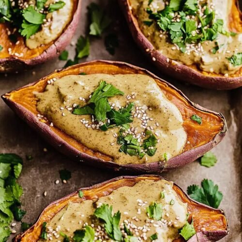 Baked Japanese Sweet Potatoes with Miso Tahini Butter