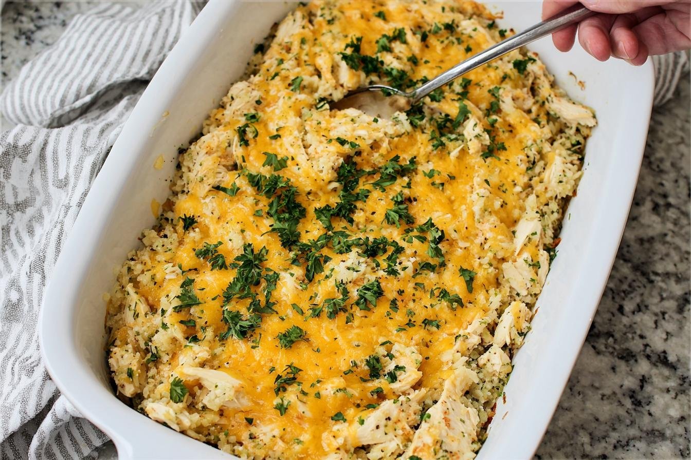 Cheesy Chicken, Rice and Cauliflower Rice Casserole