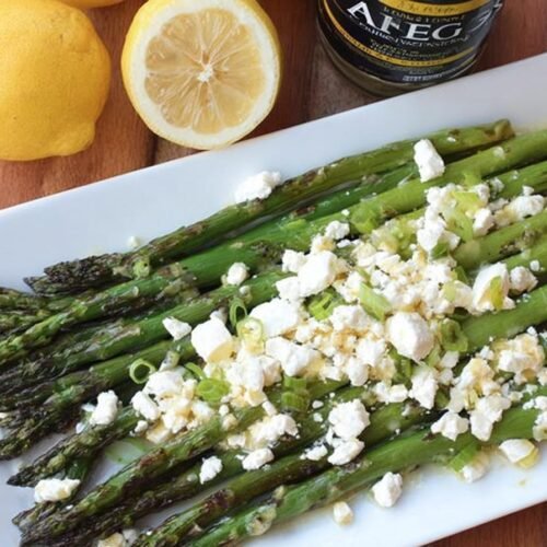 Garlic Lemon Grilled Asparagus with Feta Cheese
