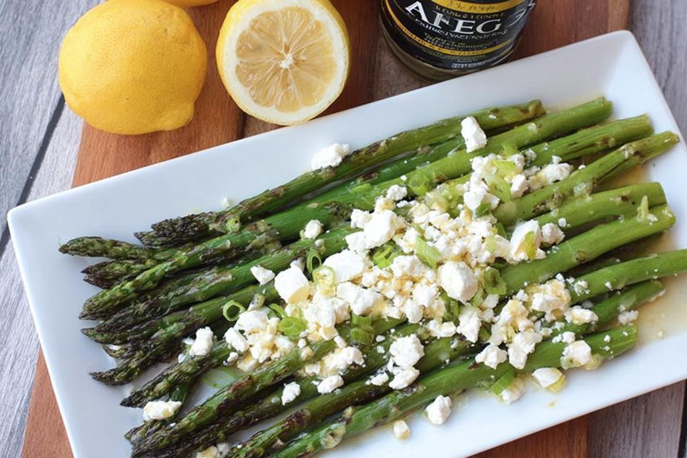 Garlic Lemon Grilled Asparagus with Feta Cheese