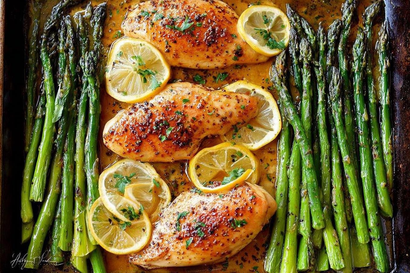 One Pan Honey Lemon Chicken and Asparagus spring dinner