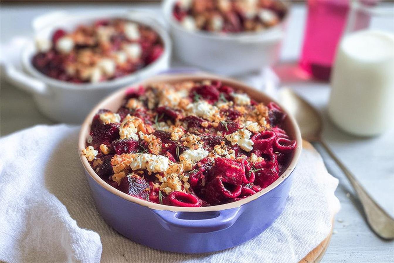 Beetroot Pasta Bake with Goats Cheese