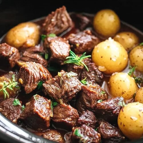Slow Cooker Garlic Butter Beef Bites with Potatoes