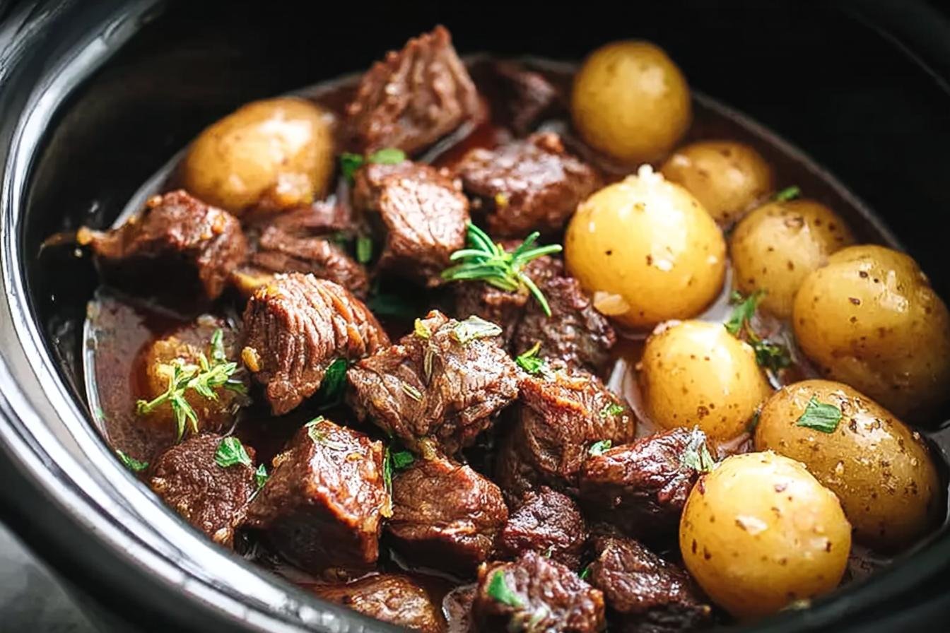 Slow Cooker Garlic Butter Beef Bites with Potatoes