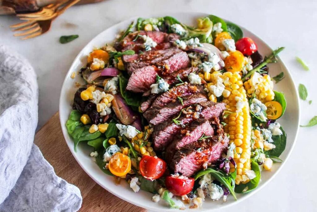 Spring Balsamic Steak Gorgonzola Salad with Grilled Corn