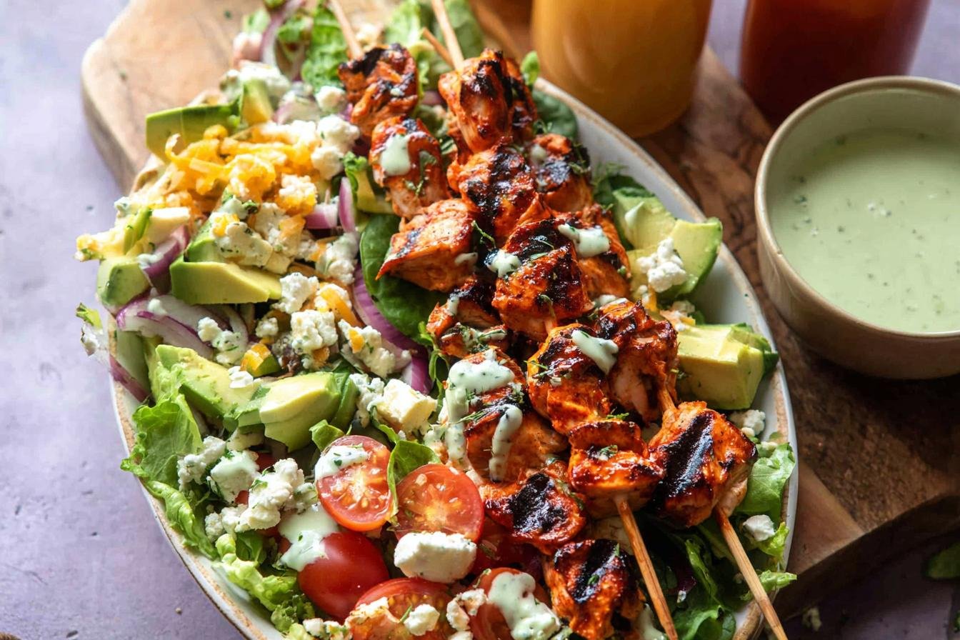 Spring Chopped Buffalo Chicken Skewer Salad.