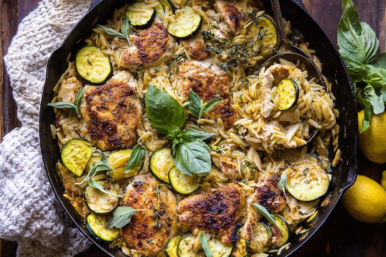 Spring Skillet Garlic Butter Chicken and Zucchini Orzo.