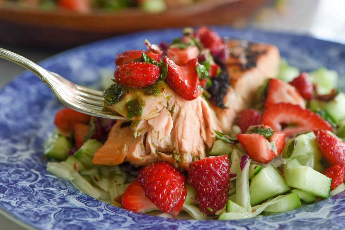 Pesto Grilled Salmon with Strawberry Cucumber Salsa