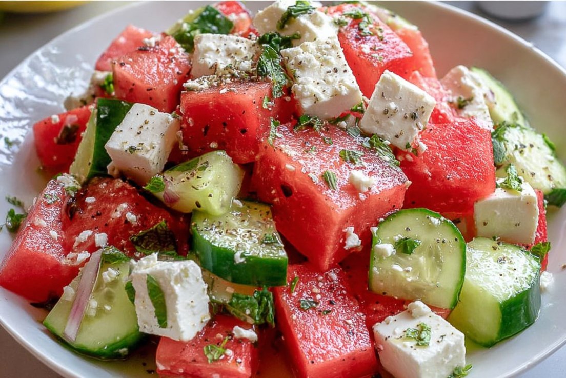 SIMPLE Watermelon ,Cucumber and Feta Salad