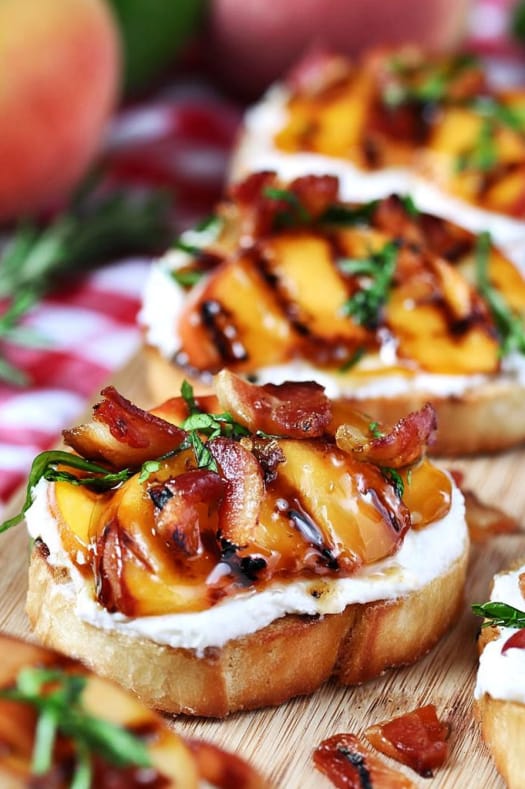 Honey Ricotta Peach Crostini with Crispy Pancetta